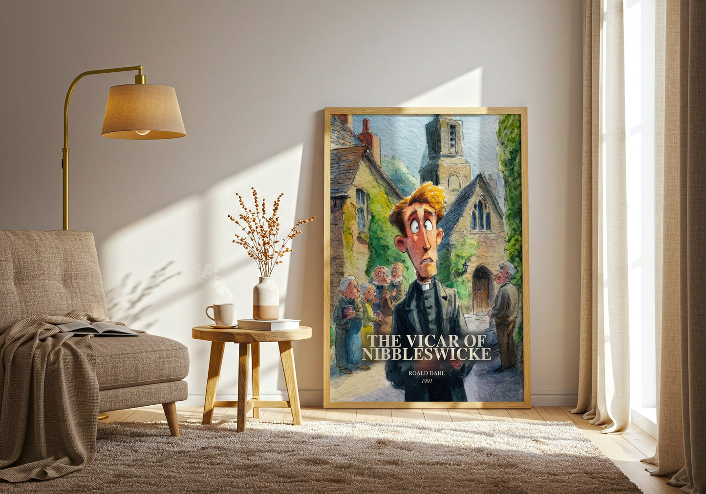 The Vicar Of Nibbleswicke watercolour print in frame leaning in hallway – childrens wall art