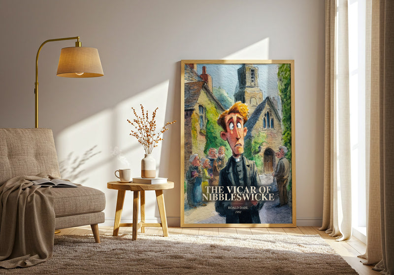 The Vicar Of Nibbleswicke watercolour print in frame leaning in hallway – childrens wall art