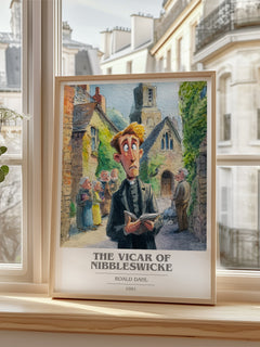 The Vicar of Nibbleswicke Book Cover Poster by Roald Dahl – framed print by a bright window