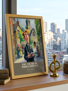 The Vicar of Nibbleswicke Book Cover Poster by Roald Dahl – framed print on a city-view windowsill