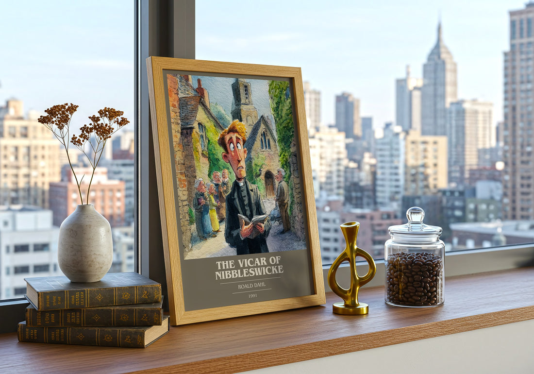 The Vicar of Nibbleswicke Book Cover Poster by Roald Dahl – framed print on a city-view windowsill