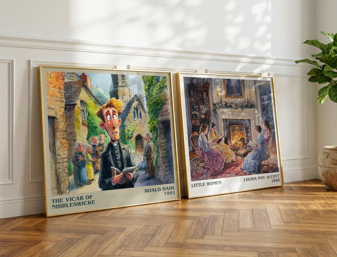 The Vicar of Nibbleswicke Literary Art Print by Roald Dahl – large square framed print leaning against a wall