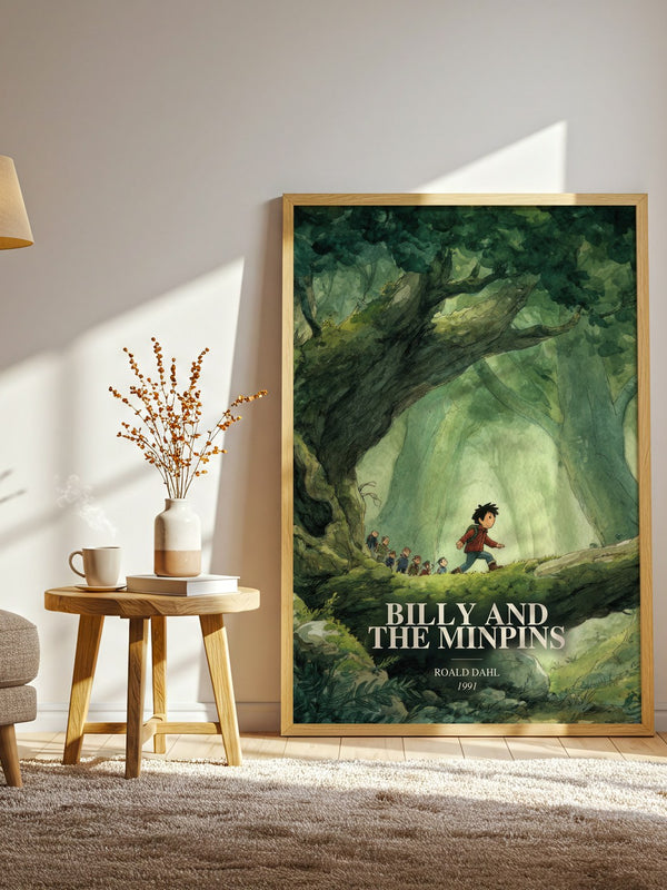 Billy And The Minpins watercolour print in frame leaning in hallway – childrens wall art