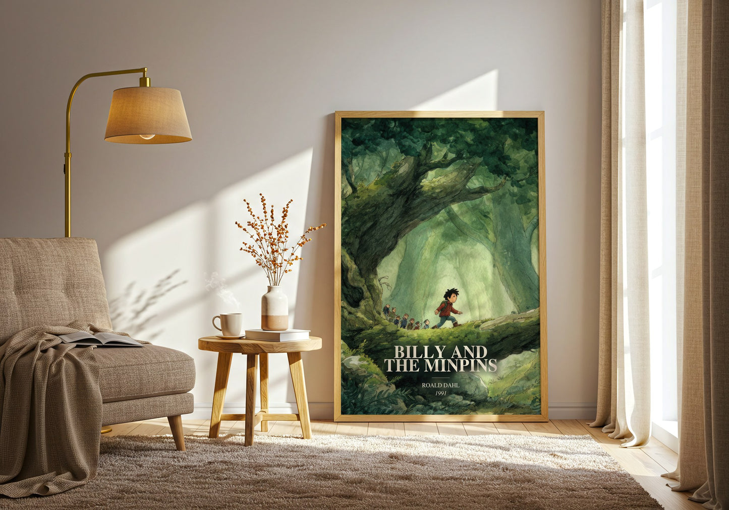 Billy And The Minpins watercolour print in frame leaning in hallway – childrens wall art