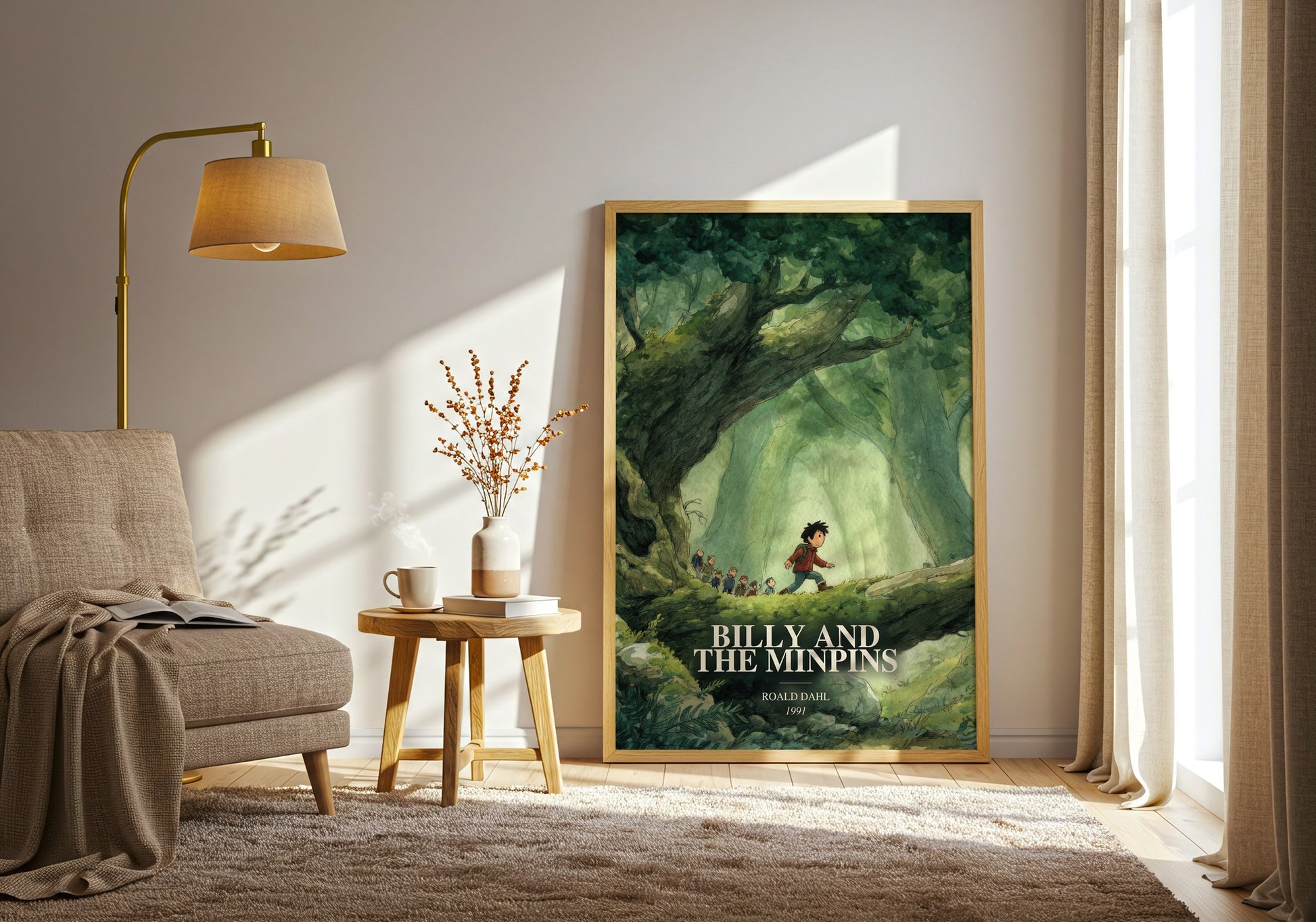 Billy And The Minpins watercolour print in frame leaning in hallway – childrens wall art