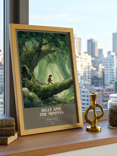 Billy and the Minpins Book Cover Poster by Roald Dahl – framed print on a city-view windowsill