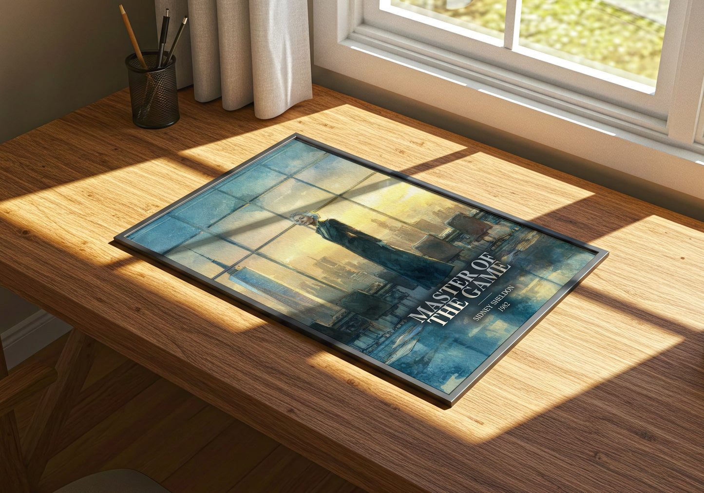 Master Of The Game watercolour book poster framed on wall – thriller wall art