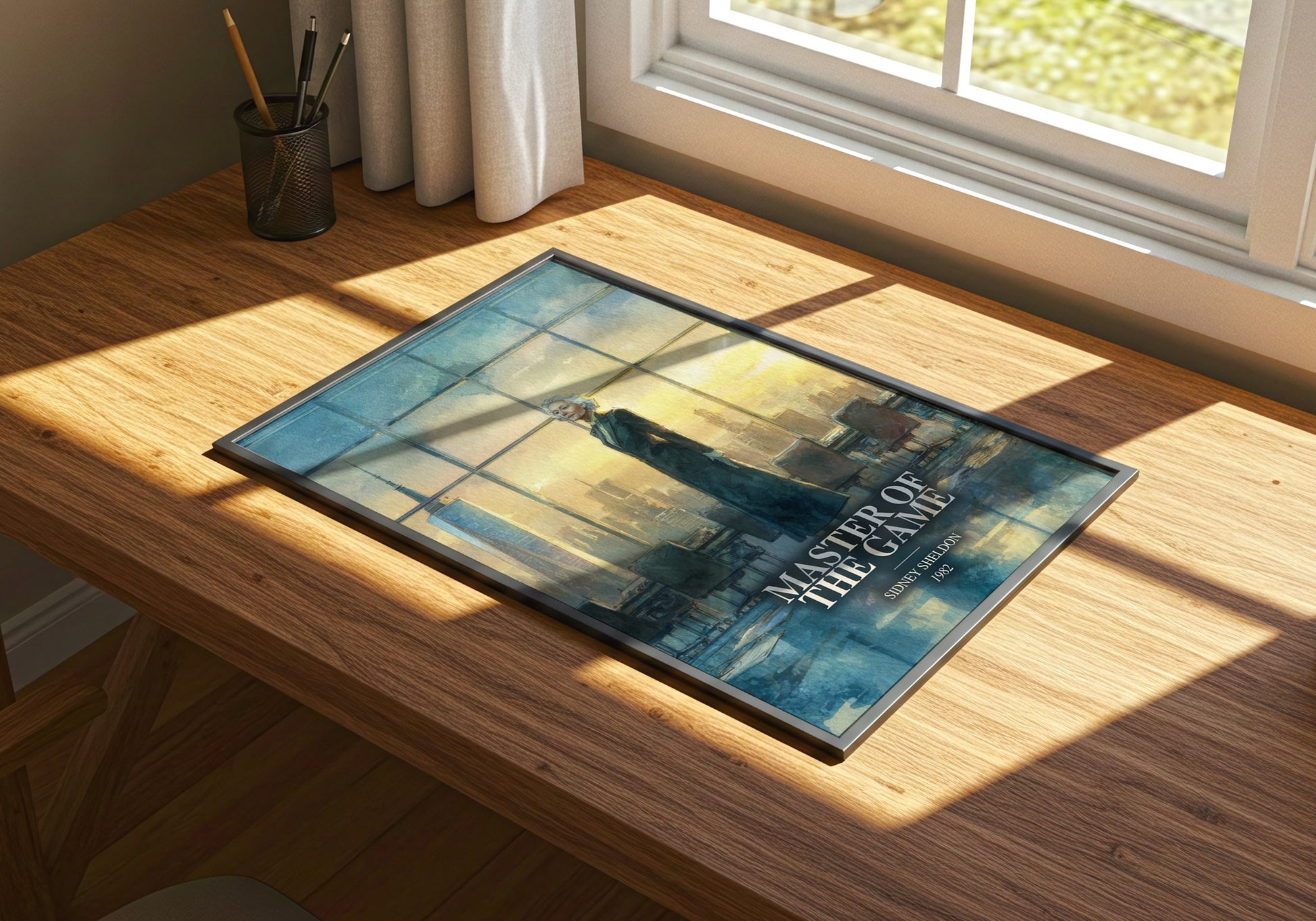 Master Of The Game watercolour book poster framed on wall – thriller wall art