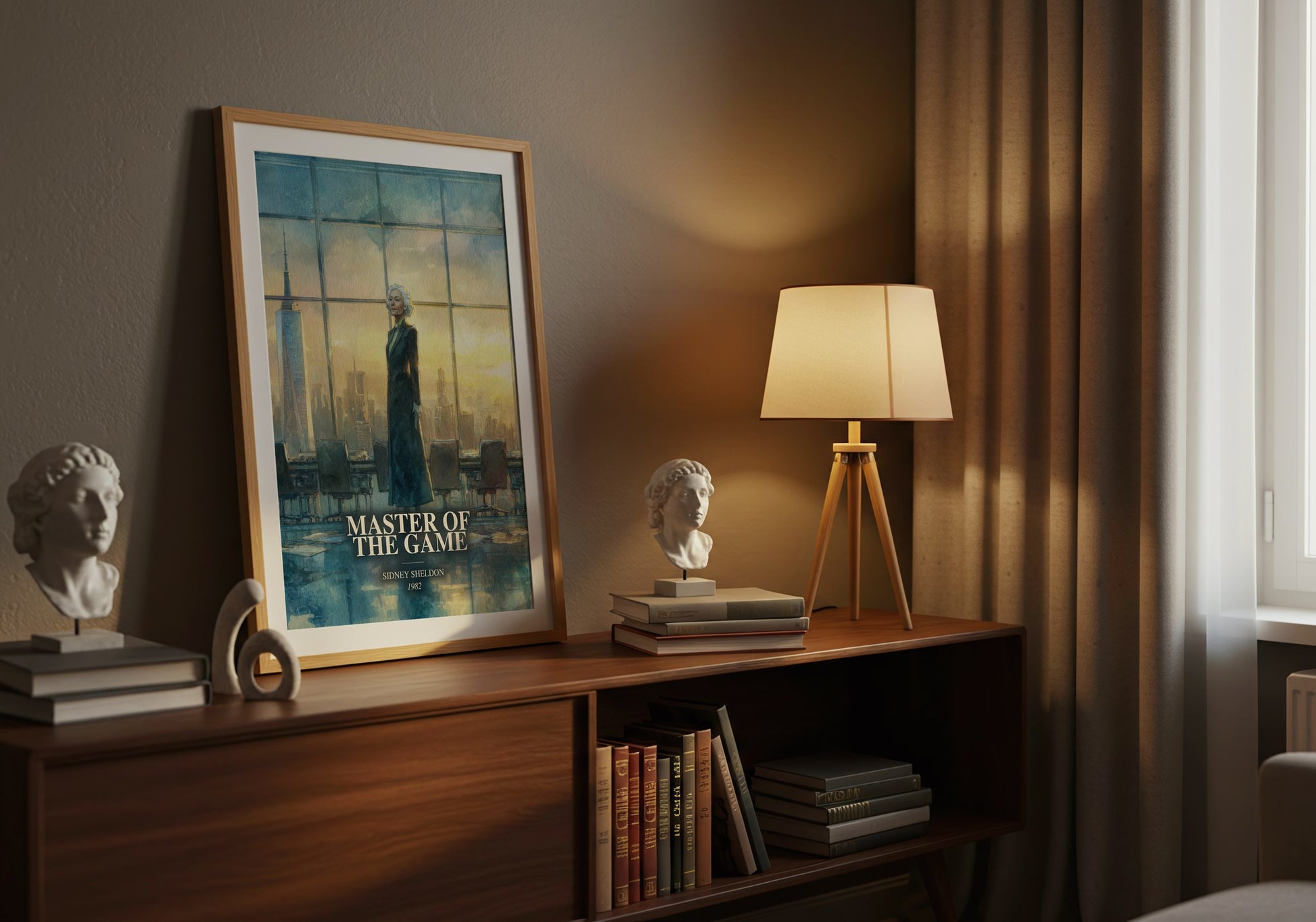 Master Of The Game watercolour print on bookshelf – Sidney Sheldon fan gift