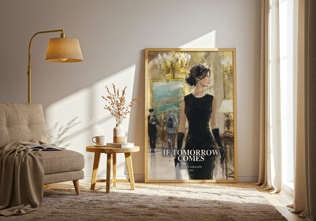 If Tomorrow Comes watercolour print in frame leaning in hallway – thriller wall art (mockup)