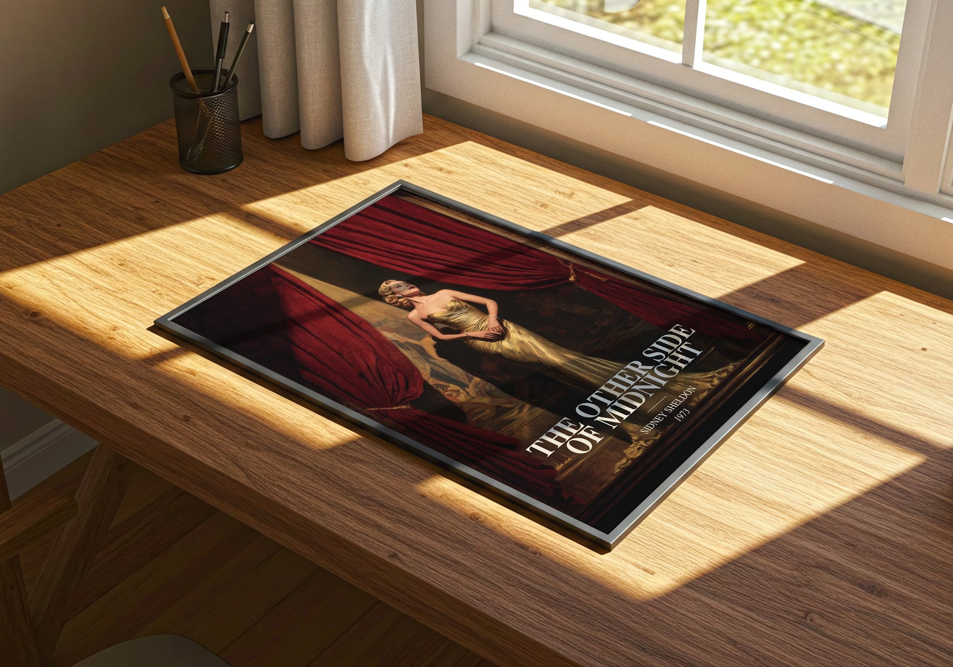 The Other Side Of Midnight watercolour book poster framed on wall – thriller wall art