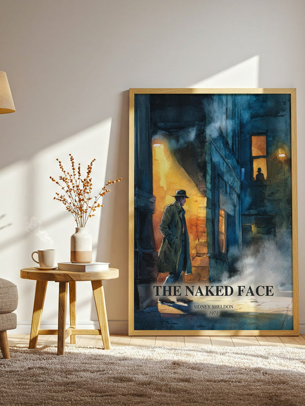 The Naked Face watercolour print in frame leaning in hallway – thriller wall art