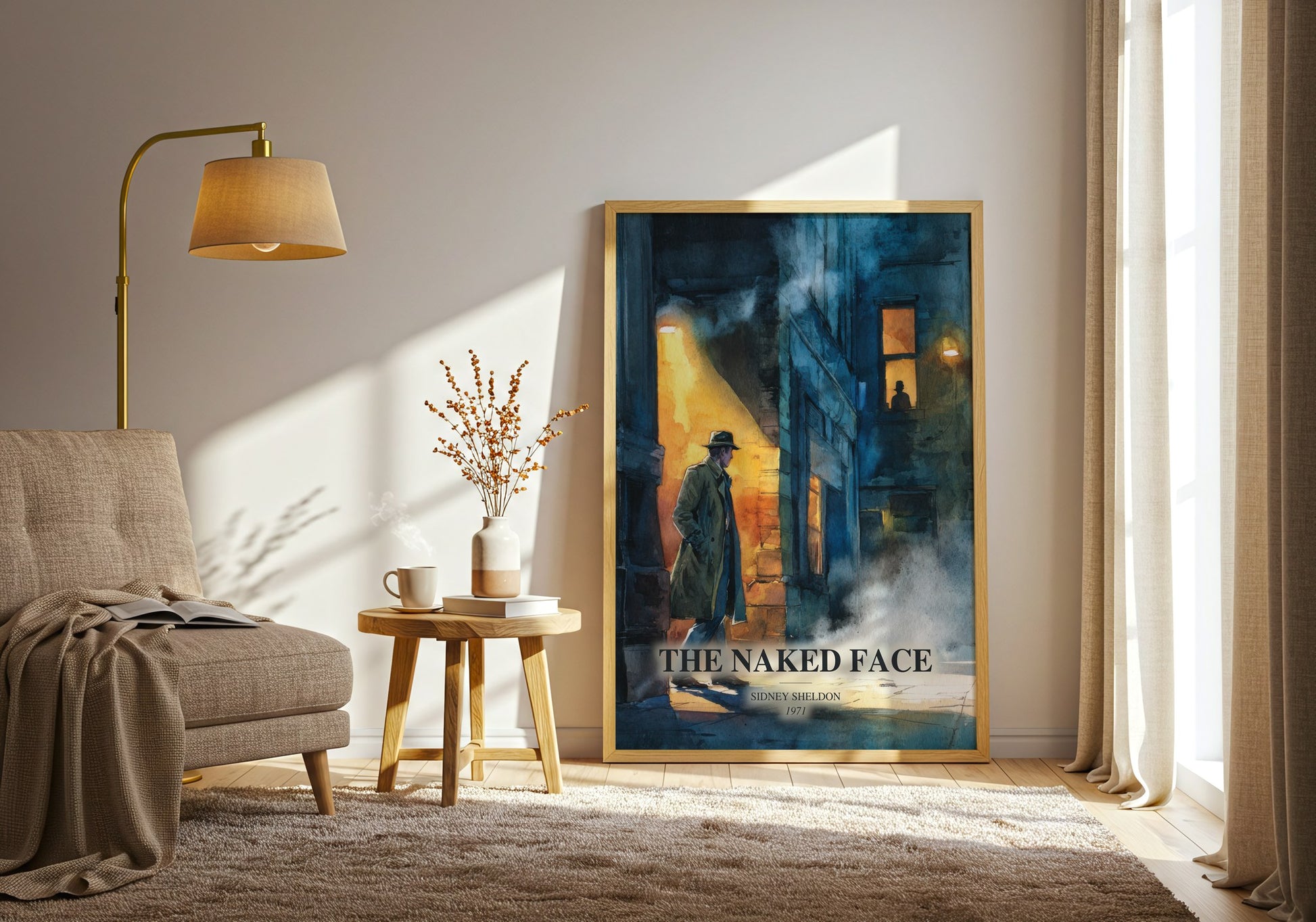 The Naked Face watercolour print in frame leaning in hallway – thriller wall art