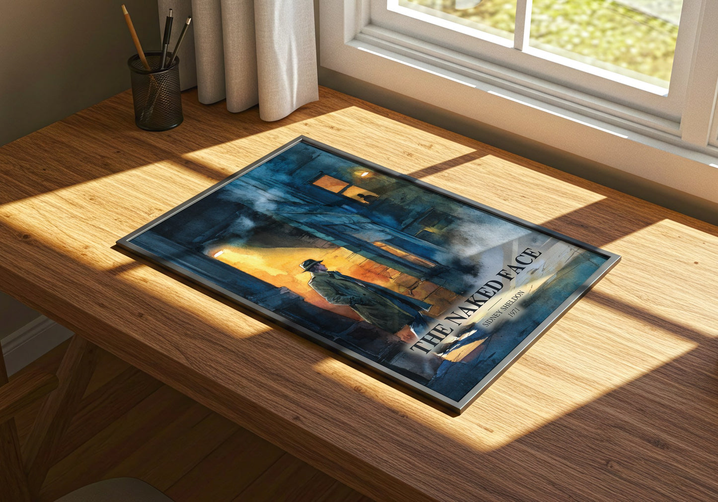 The Naked Face watercolour book poster framed on wall – thriller wall art