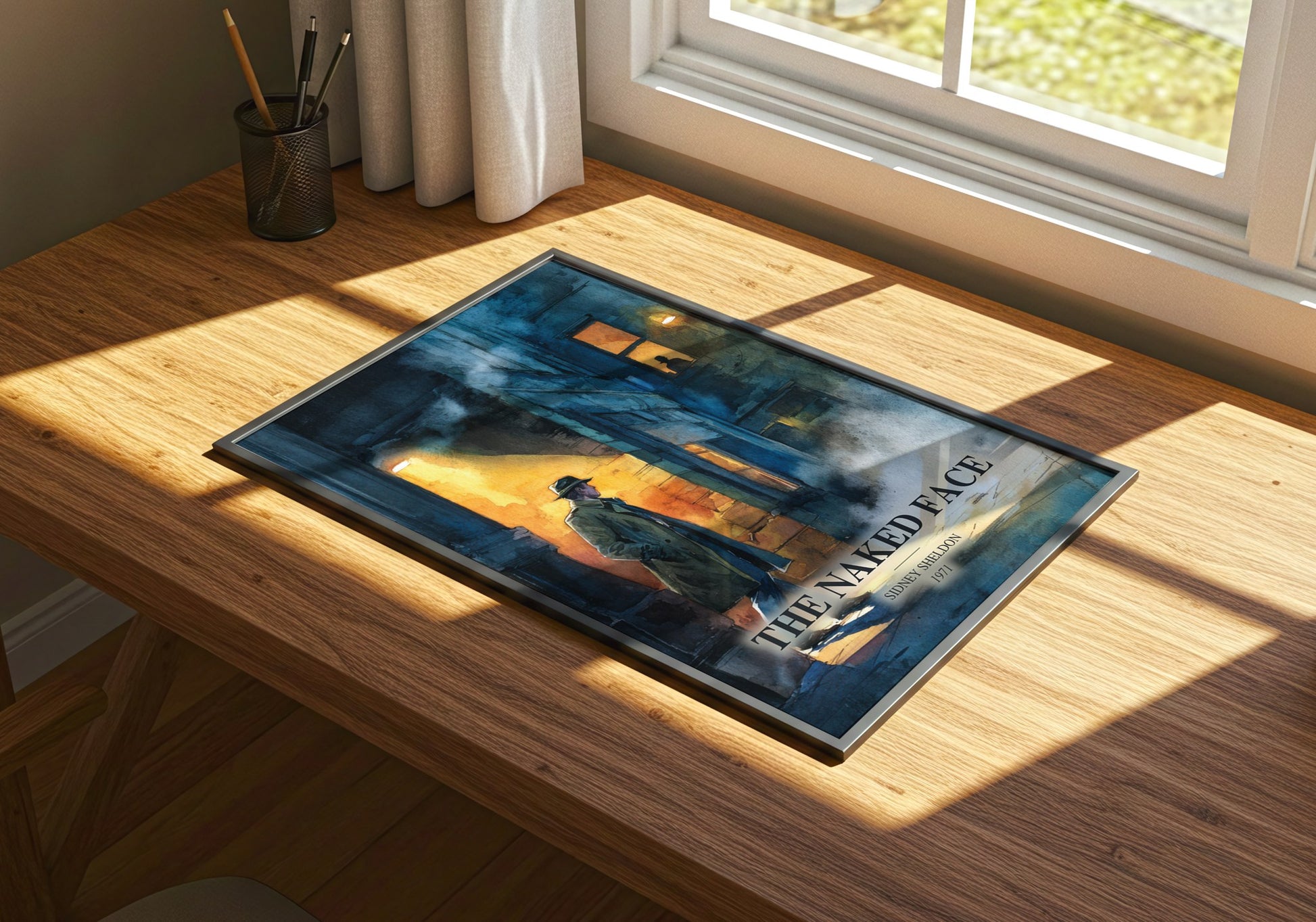 The Naked Face watercolour book poster framed on wall – thriller wall art