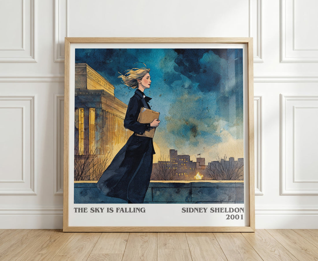 The Sky Is Falling literary print in frame leaning in hallway – thriller wall art (mockup)