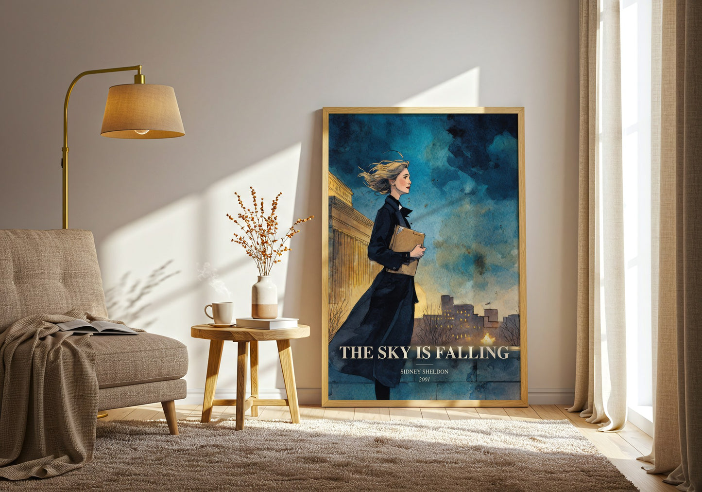 The Sky Is Falling watercolour print in frame leaning in hallway – thriller wall art