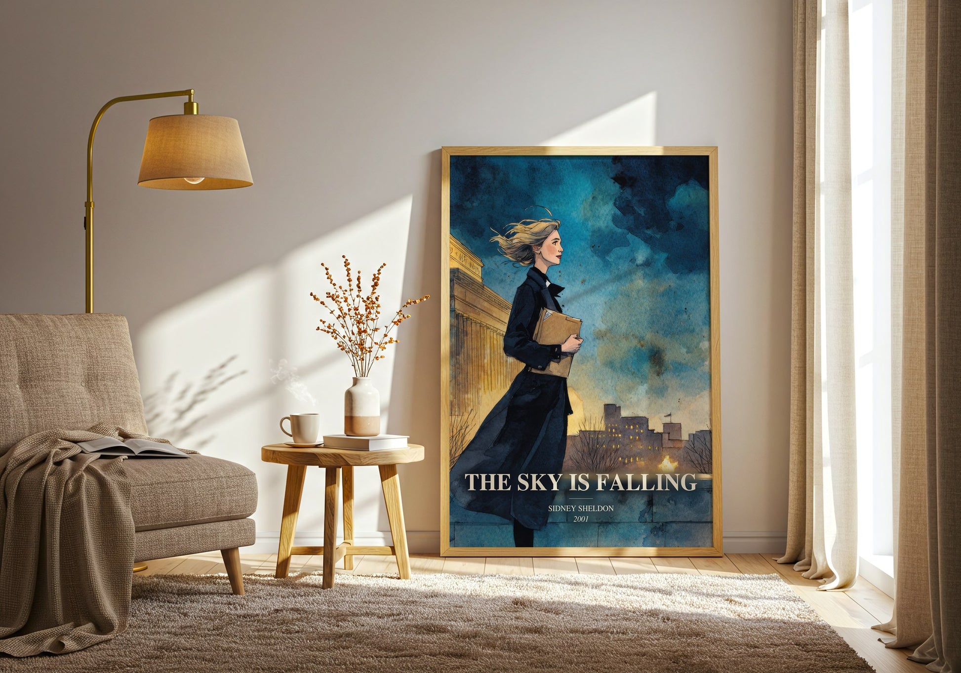 The Sky Is Falling watercolour print in frame leaning in hallway – thriller wall art