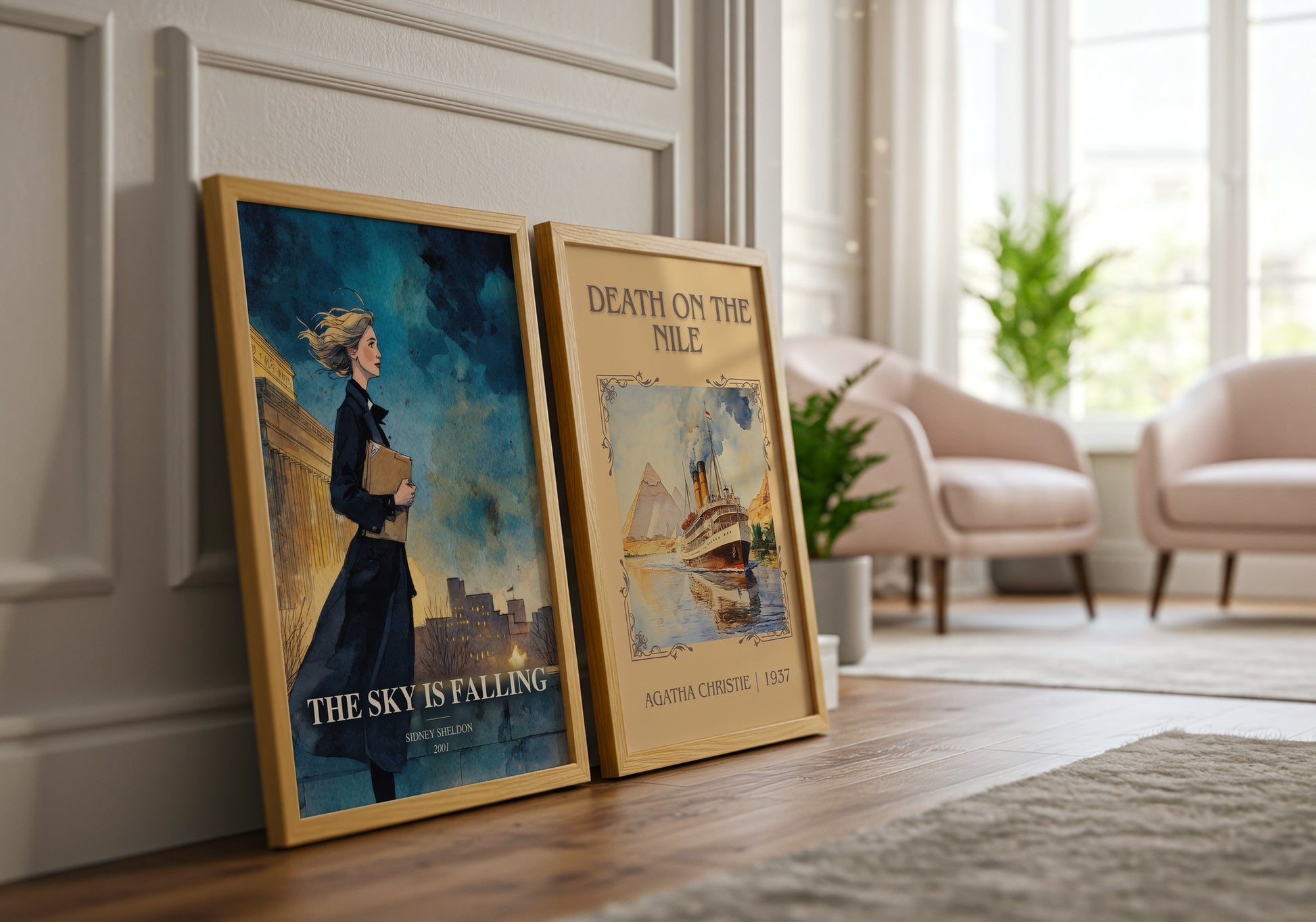 The Sky Is Falling watercolour print framed by window – literary home decor