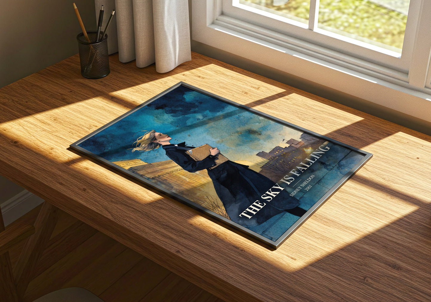 The Sky Is Falling watercolour book poster framed on wall – thriller wall art