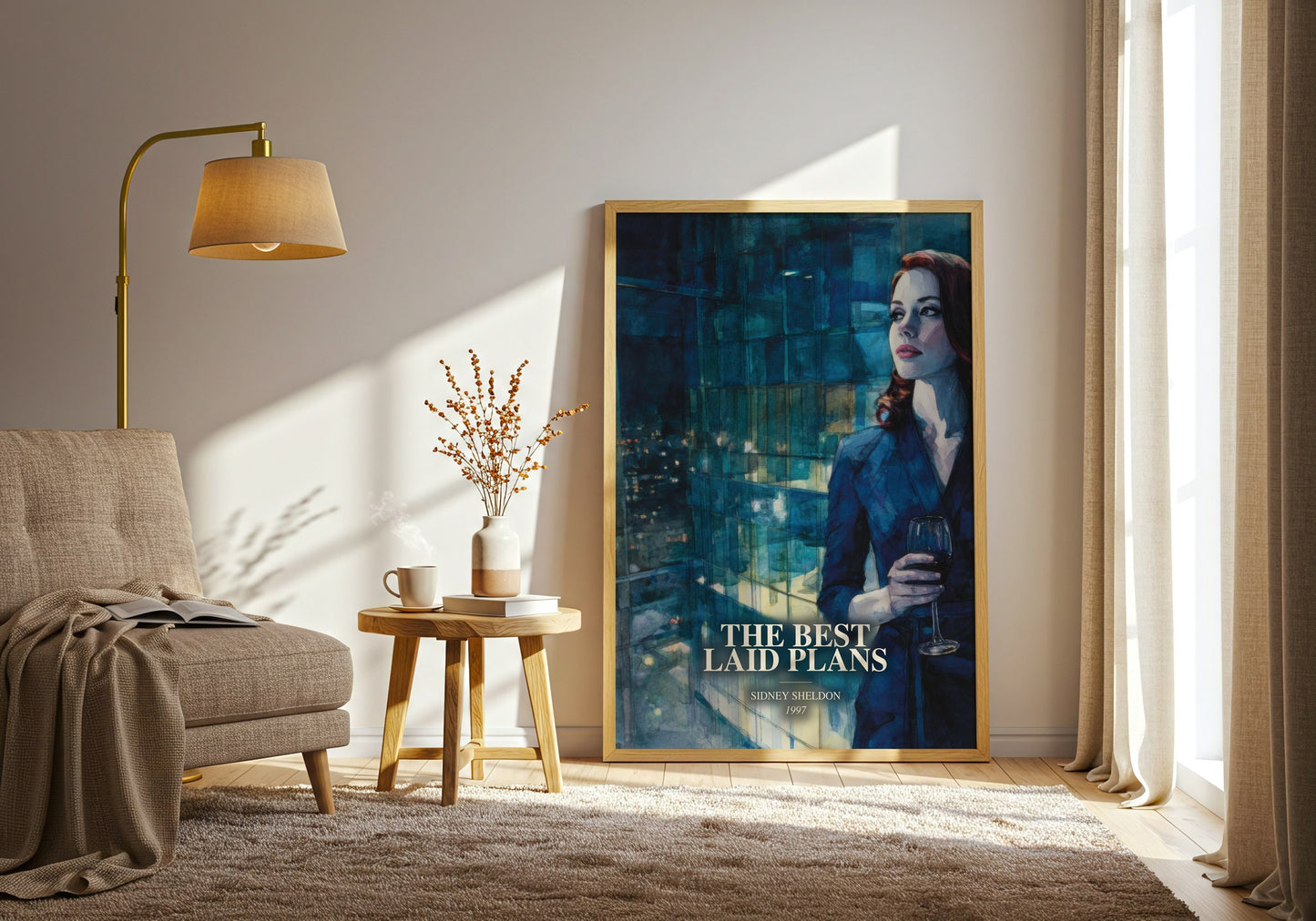 The Best Laid Plans watercolour print in frame leaning in hallway – thriller wall art