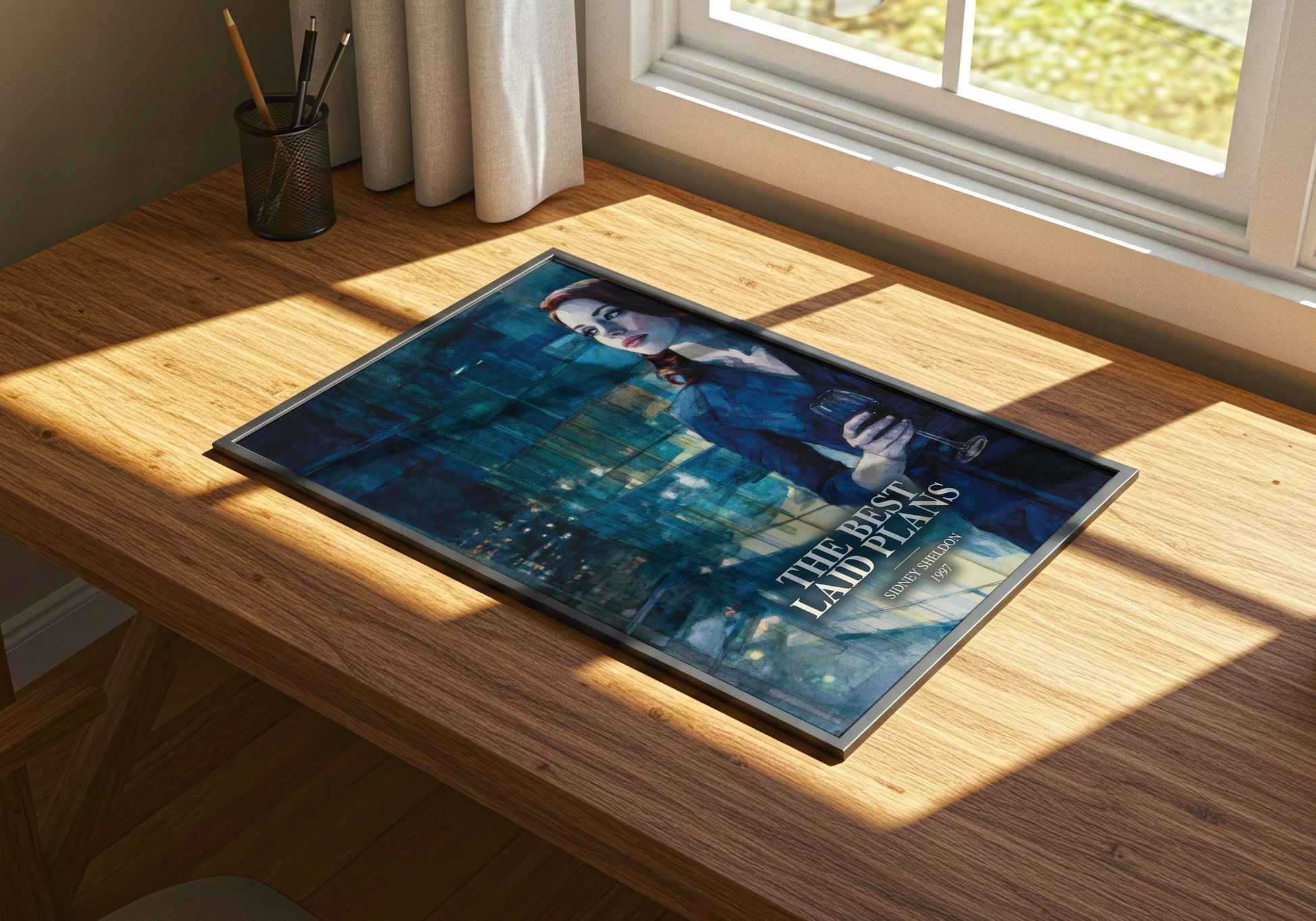 The Best Laid Plans watercolour book poster framed on wall – thriller wall art