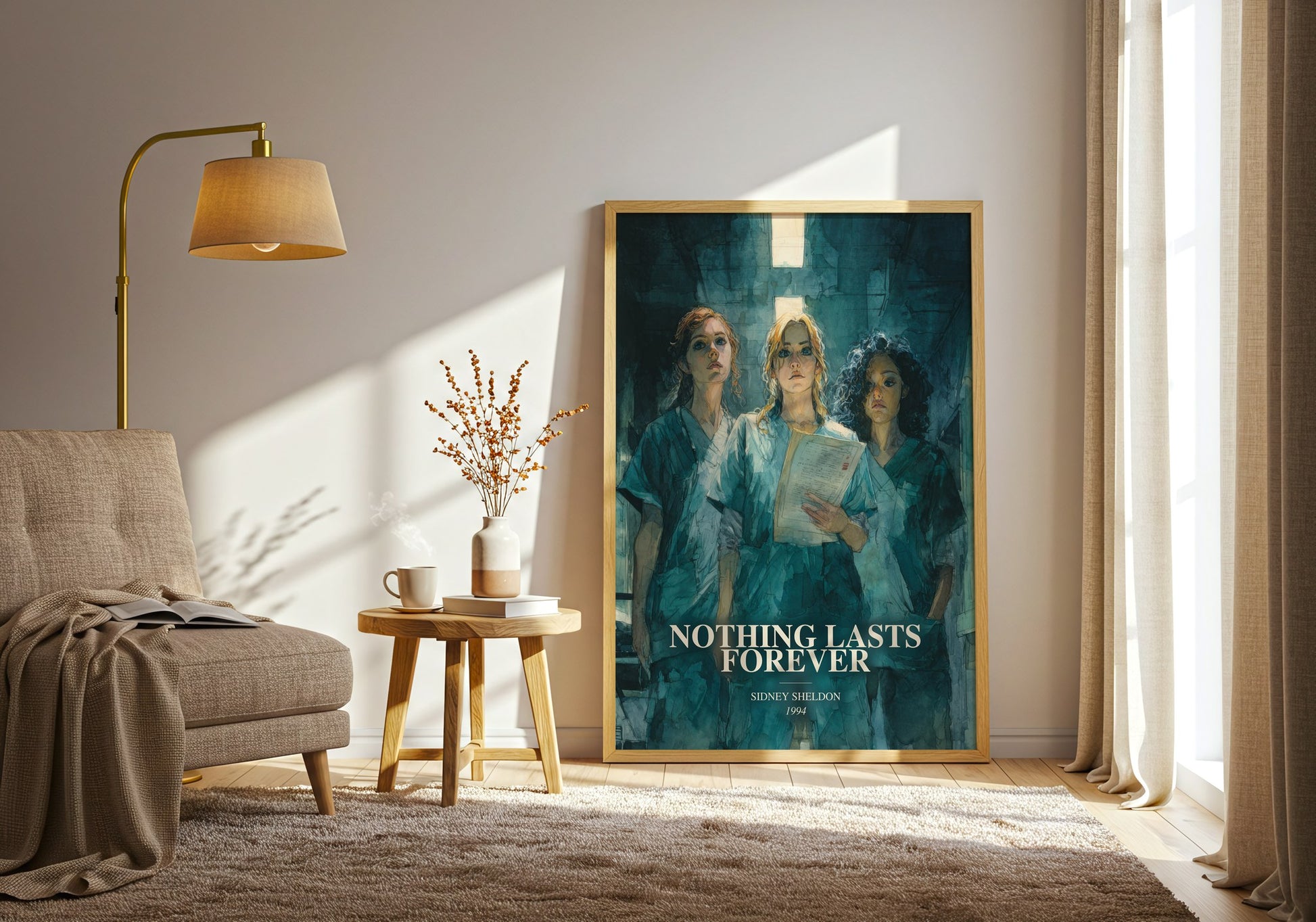 Nothing Lasts Forever watercolour print in frame leaning in hallway – mystery wall art