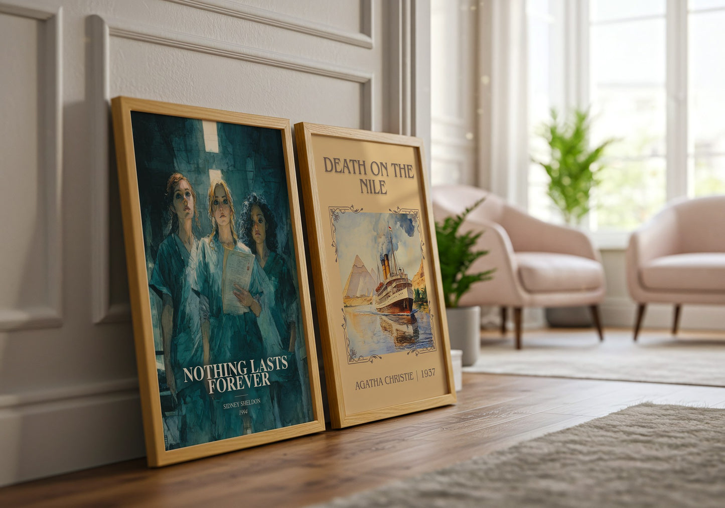 Nothing Lasts Forever watercolour print framed by window – literary home decor