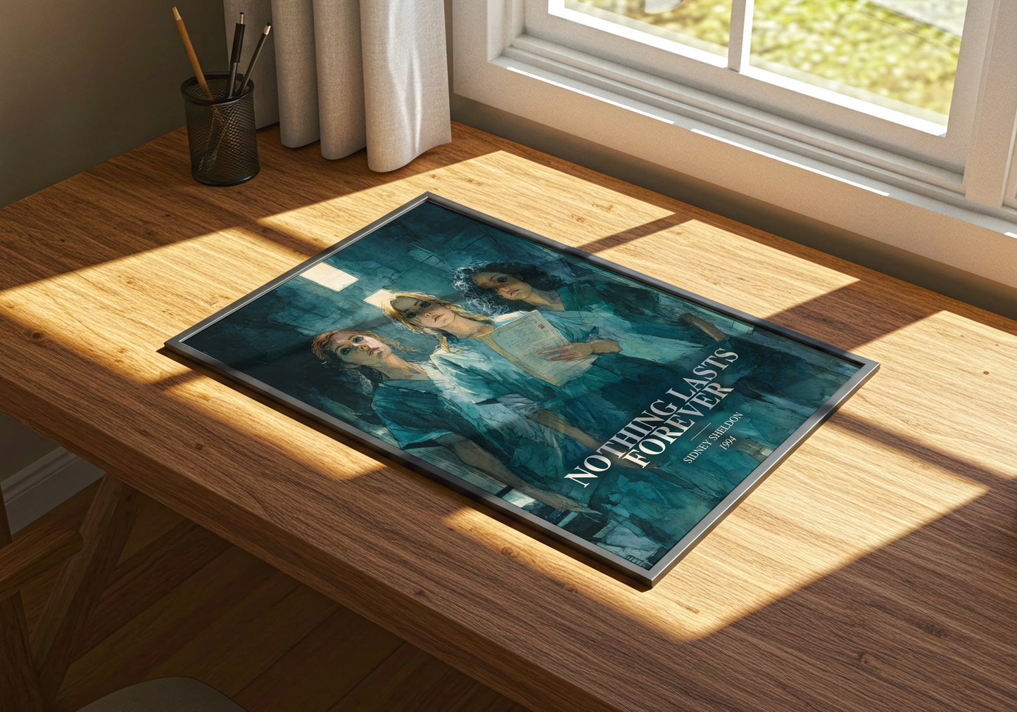 Nothing Lasts Forever watercolour book poster framed on wall – mystery wall art
