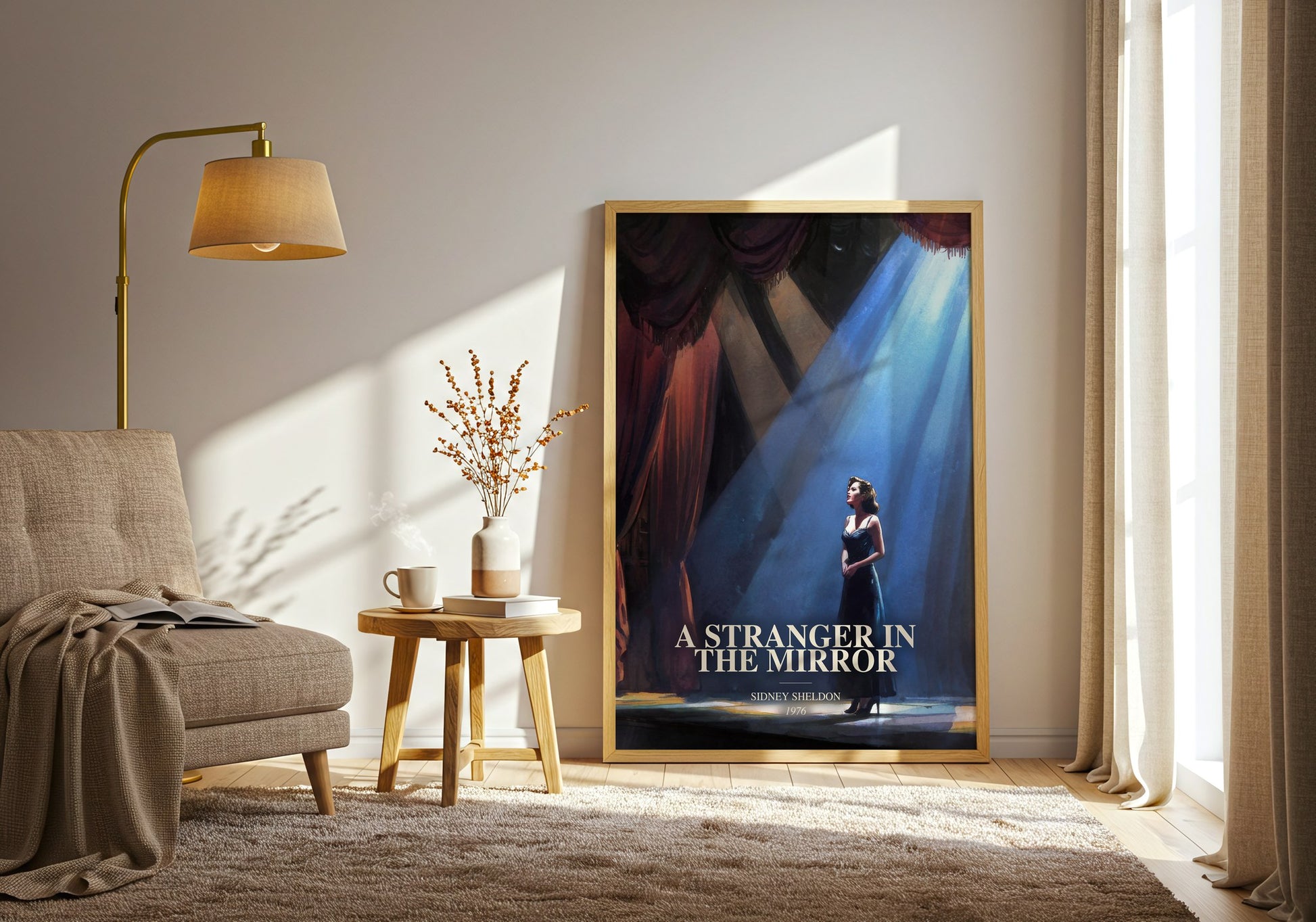 A Stranger In The Mirror watercolour print in frame leaning in hallway – contemporary fiction wall art