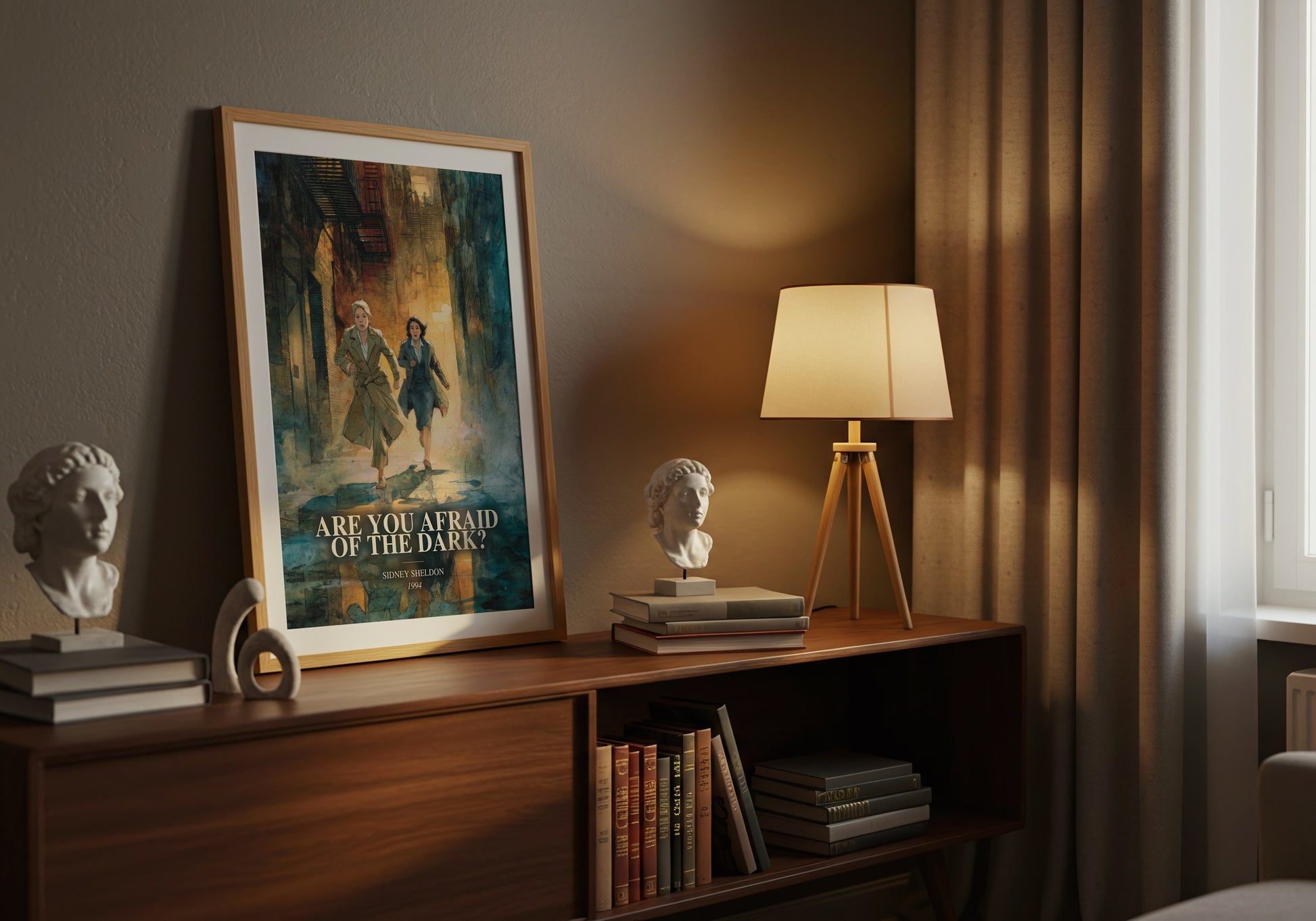 Are You Afraid Of The Dark? watercolour print on bookshelf – Sidney Sheldon fan gift