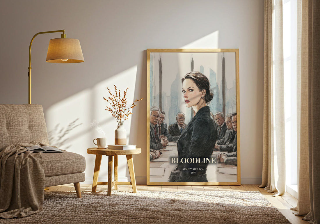 Bloodline watercolour print in frame leaning in hallway – thriller wall art (mockup)
