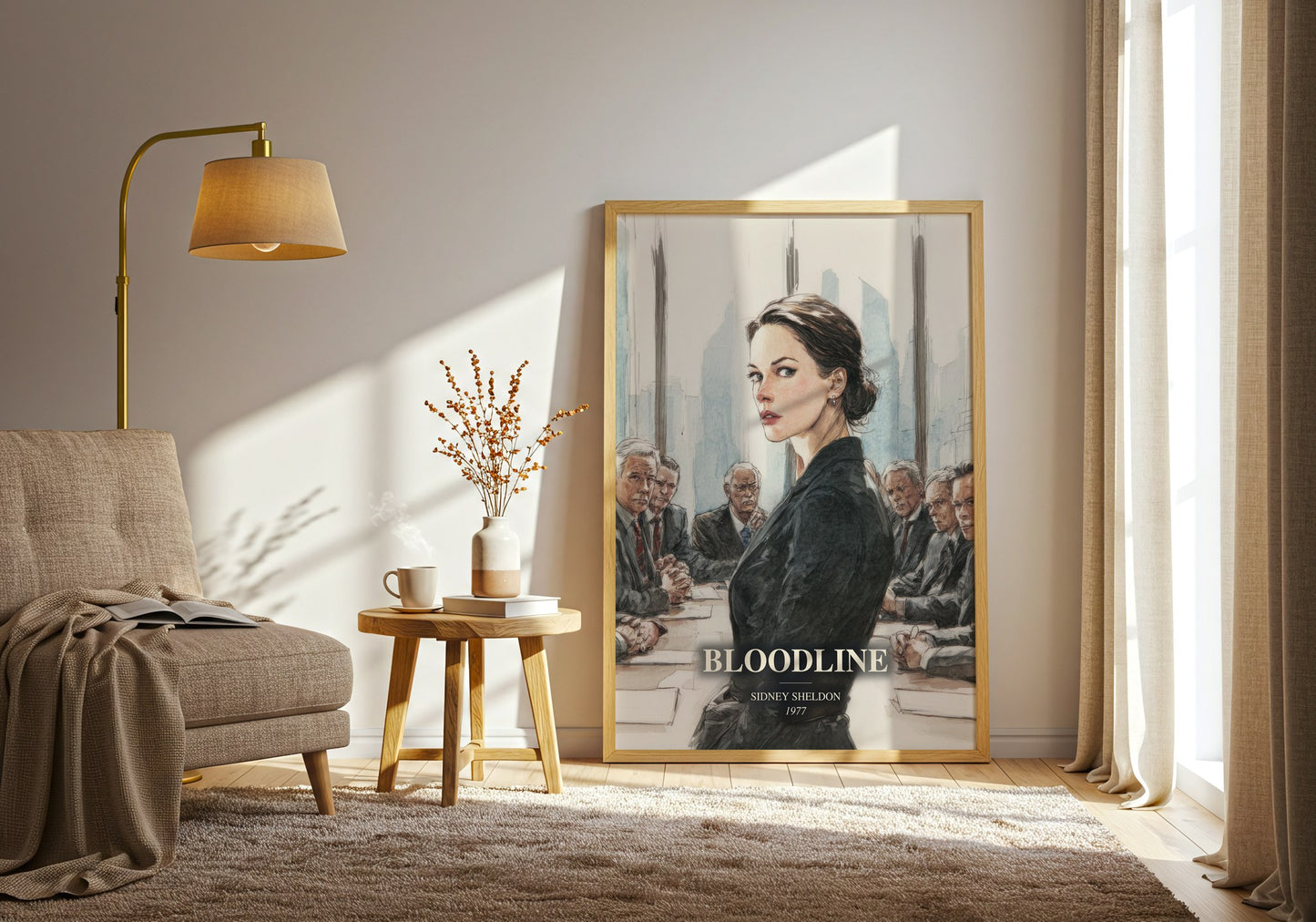 Bloodline watercolour print in frame leaning in hallway – thriller wall art