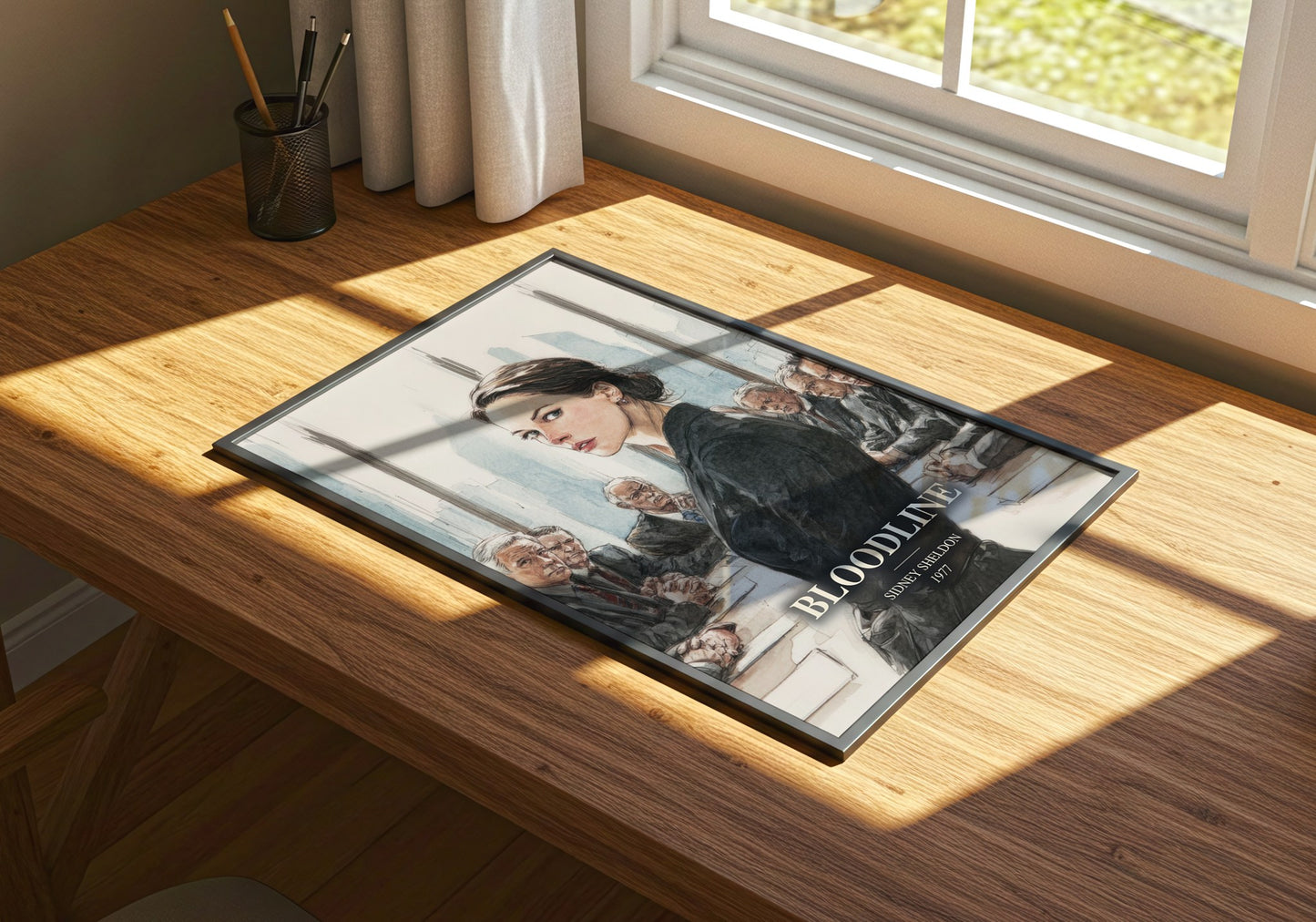 Bloodline watercolour book poster framed on wall – thriller wall art