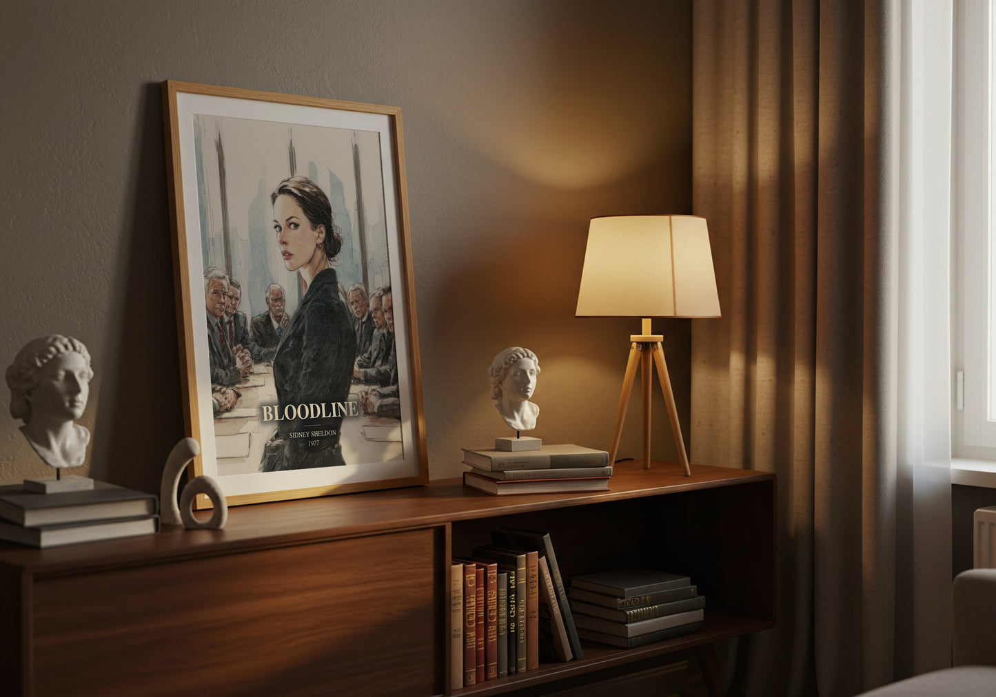 Bloodline watercolour print on bookshelf – Sidney Sheldon fan gift