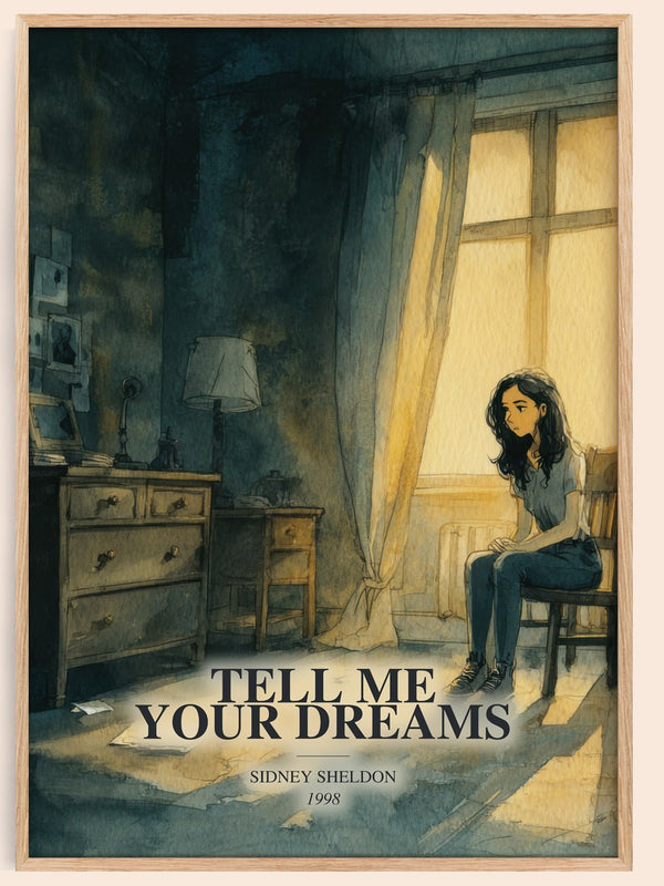 Tell Me Your Dreams watercolour book poster by Sidney Sheldon – framed literary art print