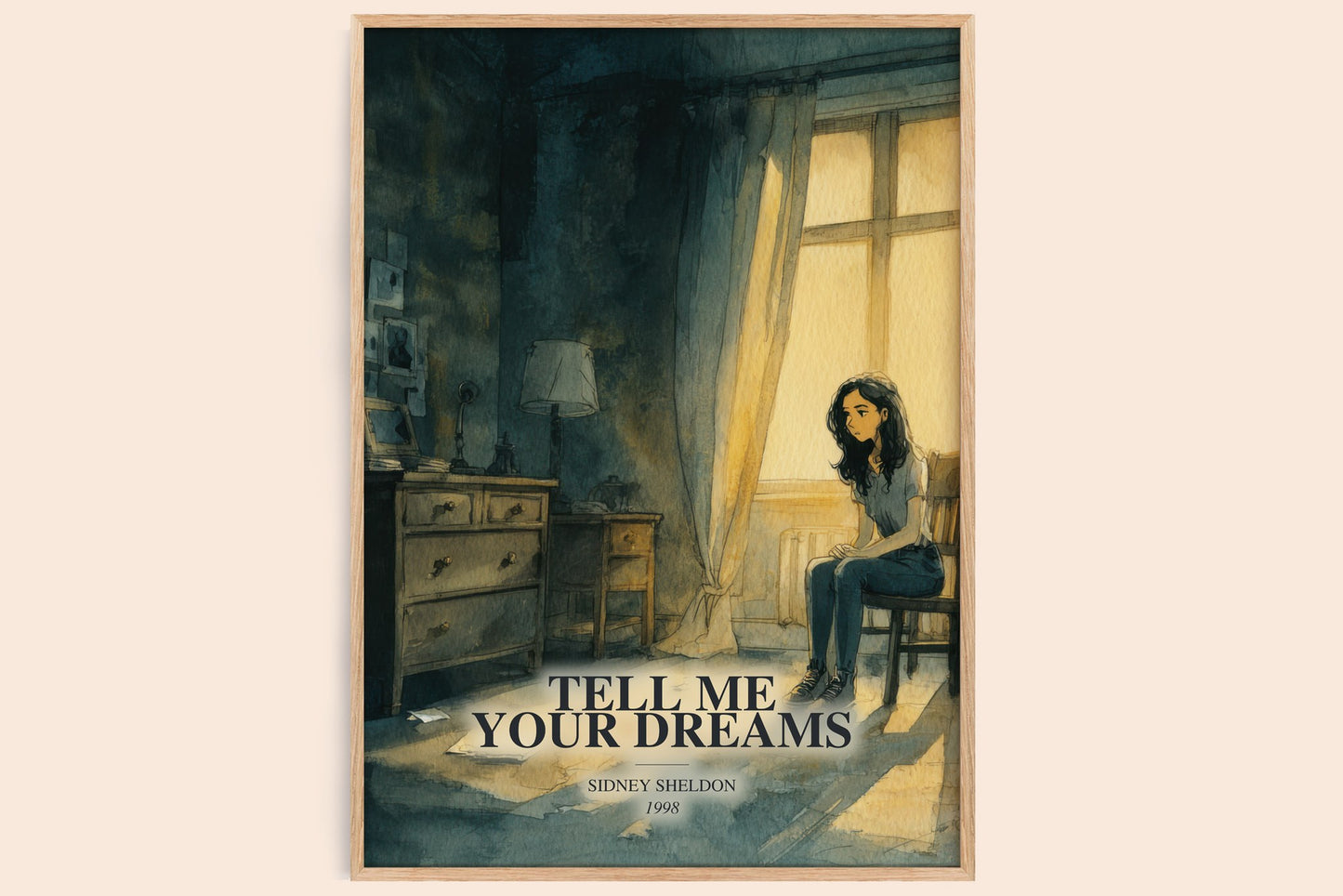 Tell Me Your Dreams watercolour book poster by Sidney Sheldon – framed literary art print