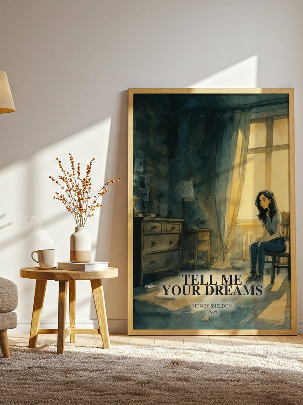 Tell Me Your Dreams watercolour print in frame leaning in hallway – thriller wall art