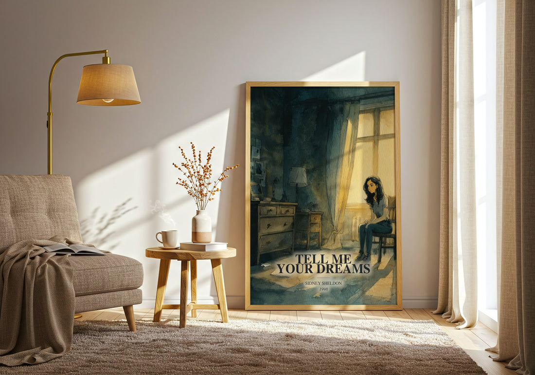 Tell Me Your Dreams watercolour print in frame leaning in hallway – thriller wall art (mockup)
