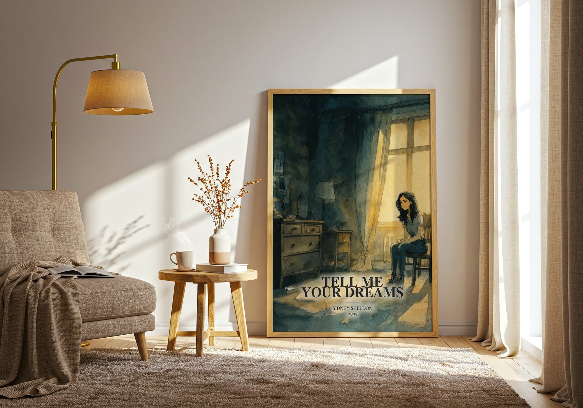 Tell Me Your Dreams watercolour print in frame leaning in hallway – thriller wall art