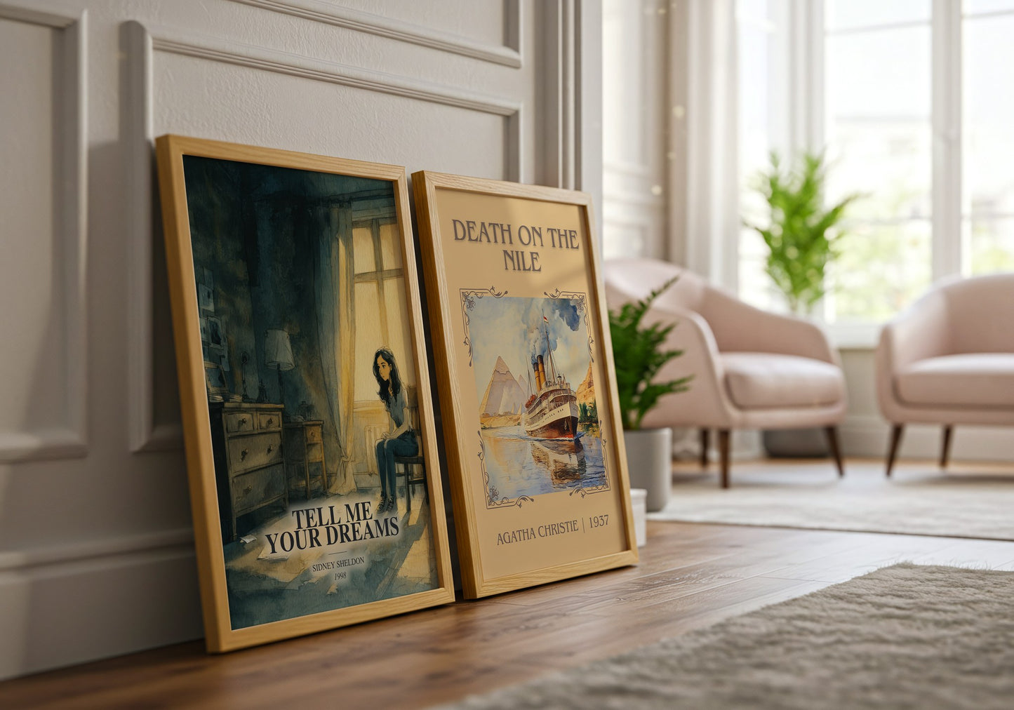 Tell Me Your Dreams watercolour print framed by window – literary home decor