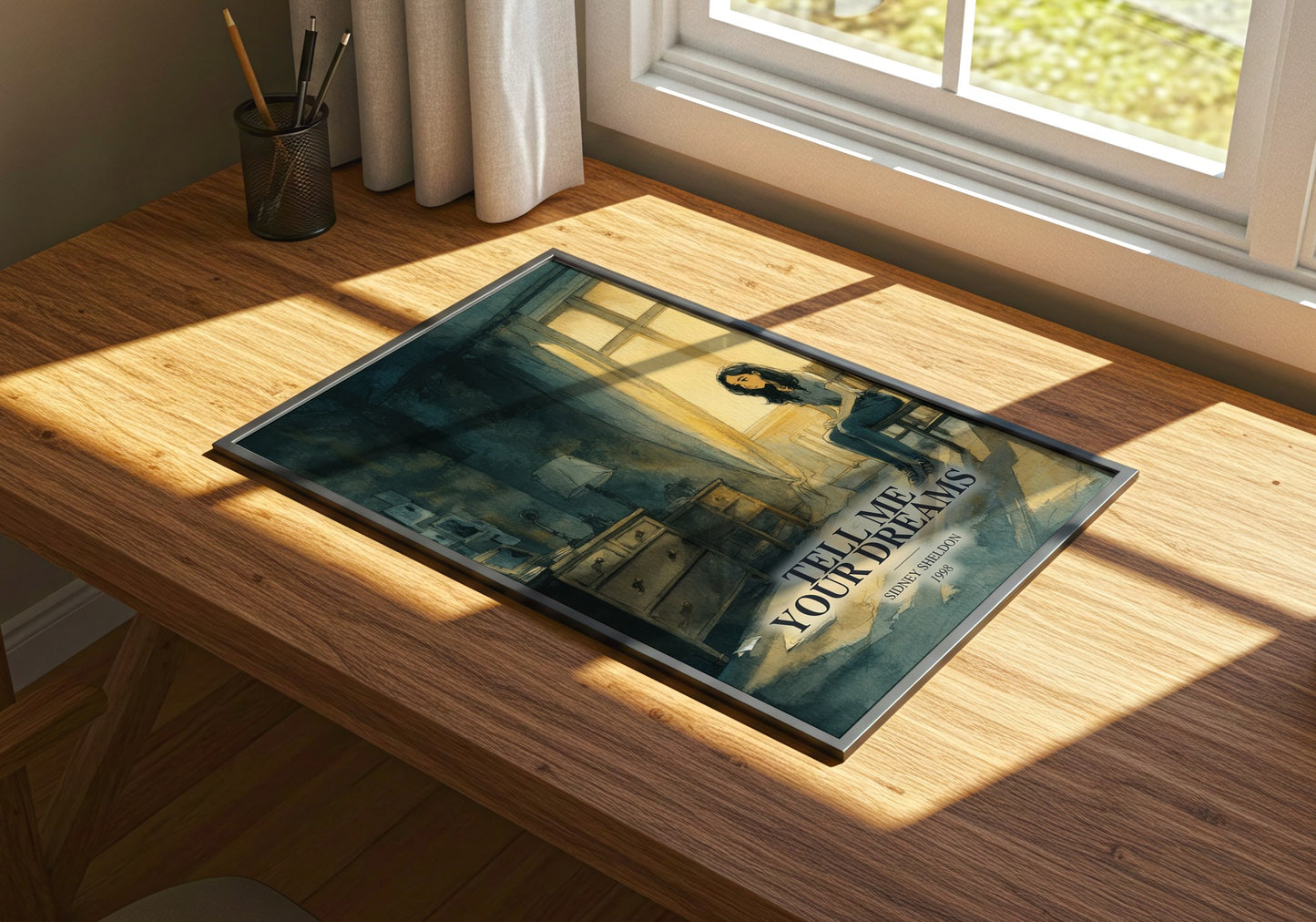 Tell Me Your Dreams watercolour book poster framed on wall – thriller wall art