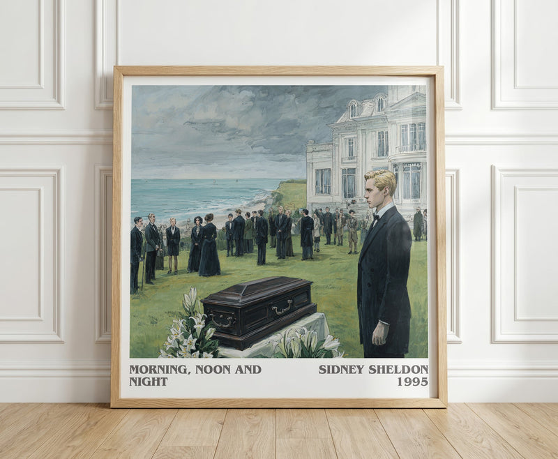 Morning, Noon and Night literary print in frame leaning in hallway – thriller wall art