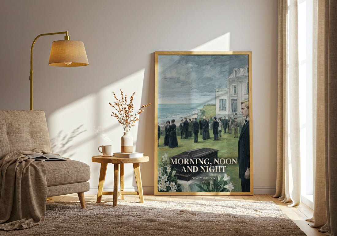Morning, Noon And Night watercolour print in frame leaning in hallway – thriller wall art (mockup)