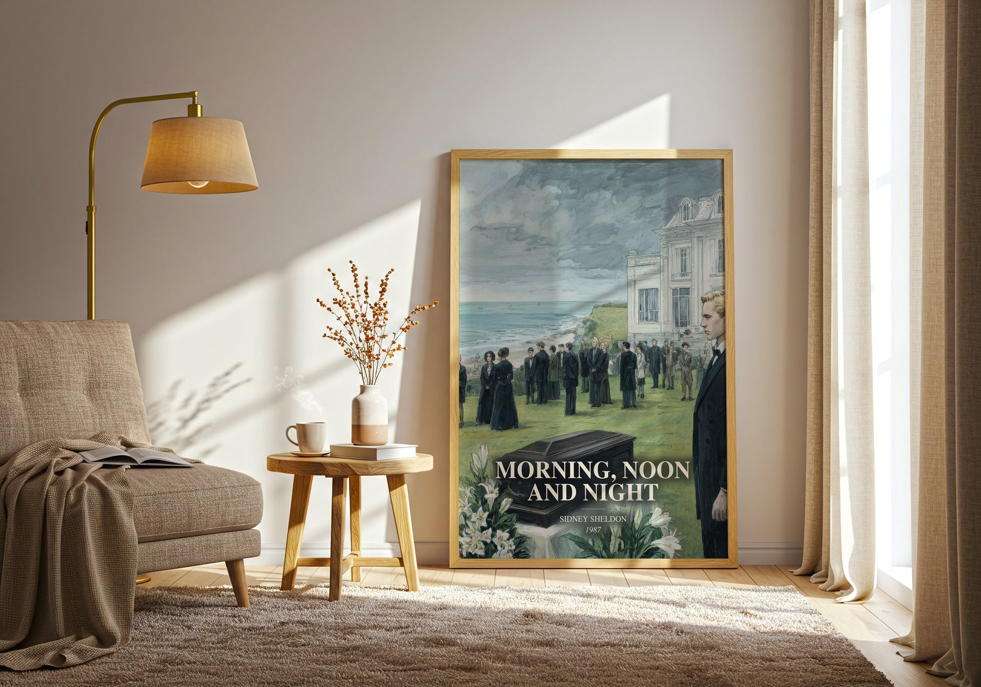 Morning, Noon And Night watercolour print in frame leaning in hallway – thriller wall art