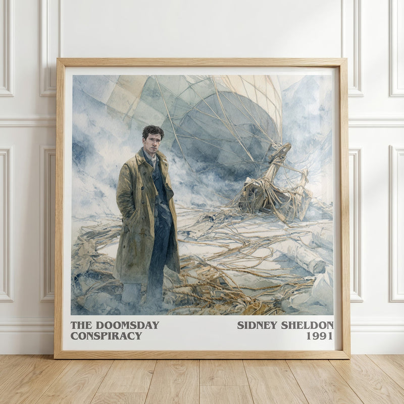 The Doomsday Conspiracy literary print in frame leaning in hallway – thriller wall art
