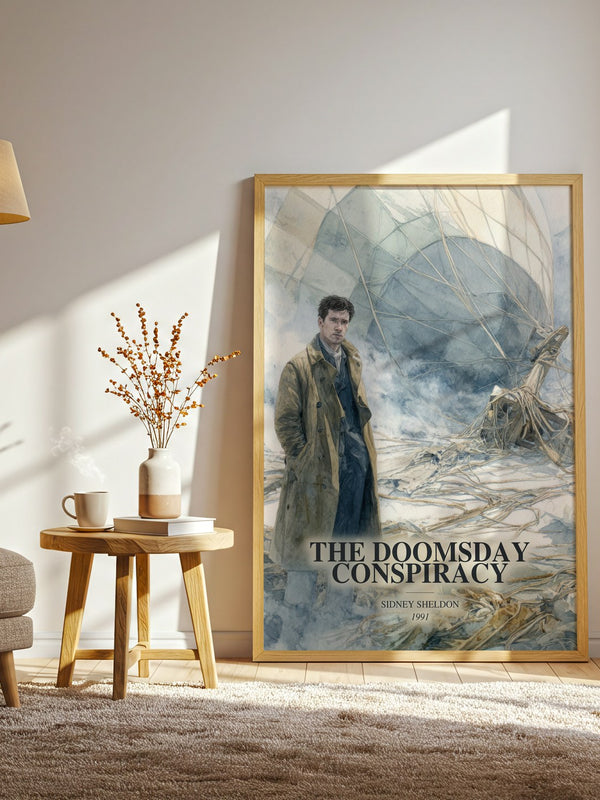 The Doomsday Conspiracy watercolour print in frame leaning in hallway – thriller wall art