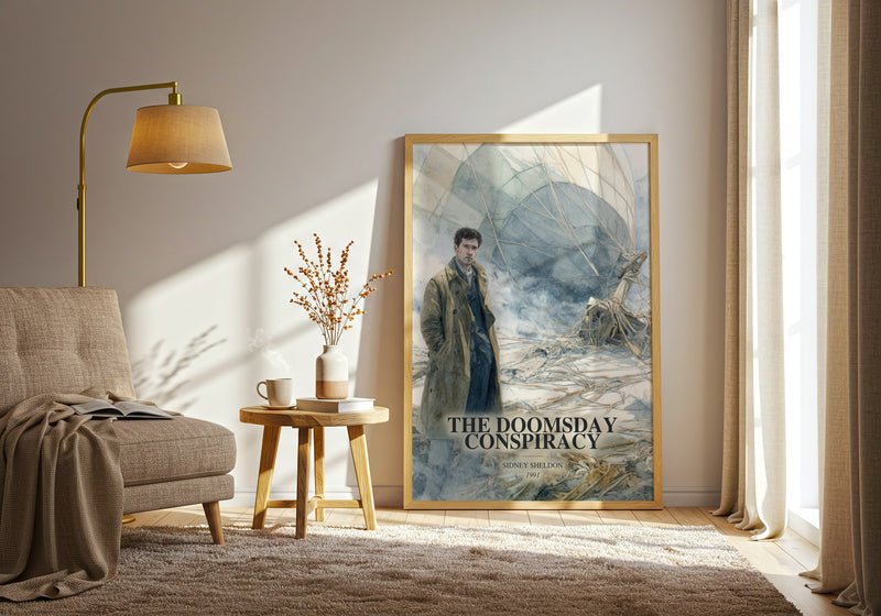 The Doomsday Conspiracy watercolour print in frame leaning in hallway – thriller wall art