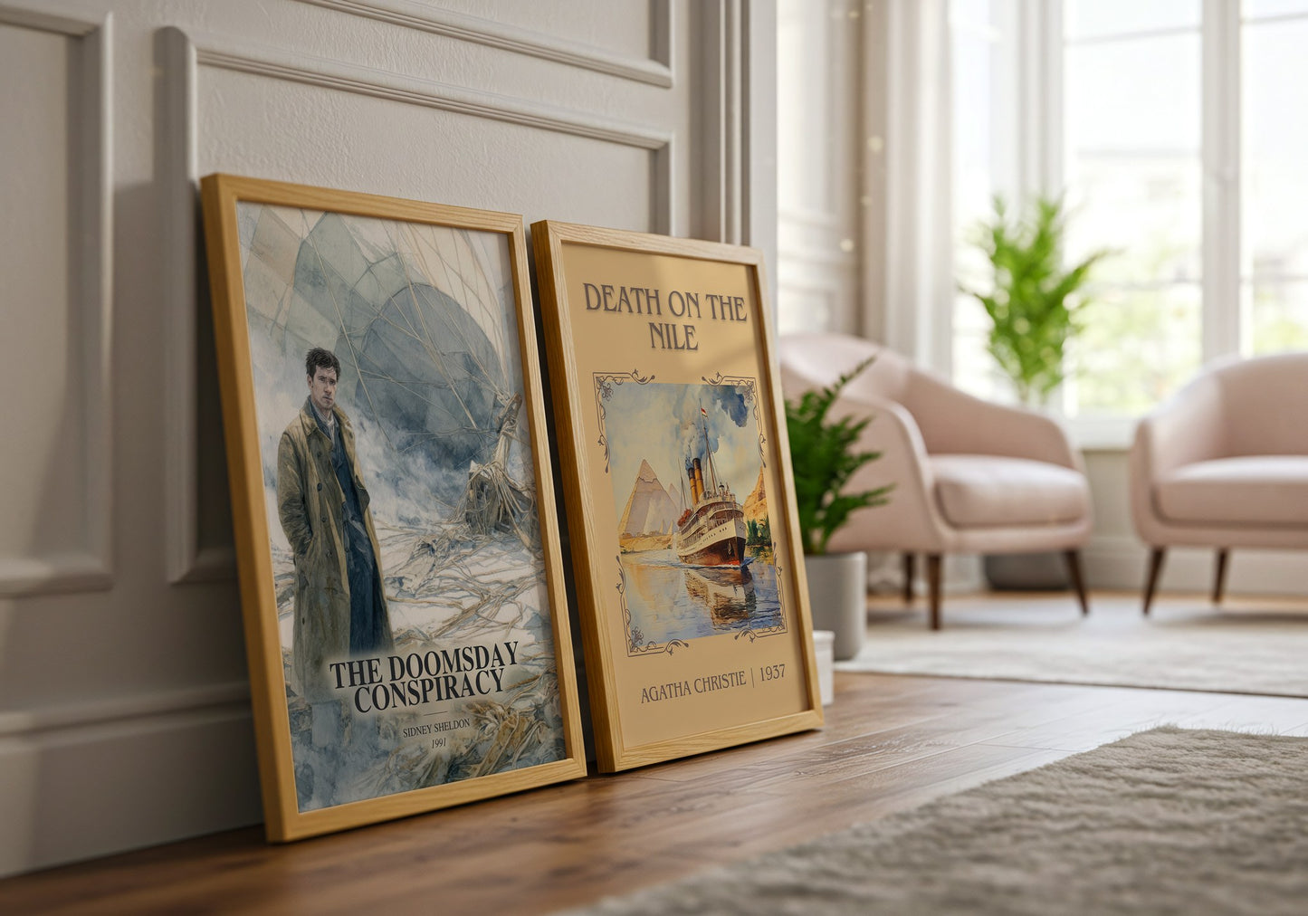 The Doomsday Conspiracy watercolour print framed by window – literary home decor