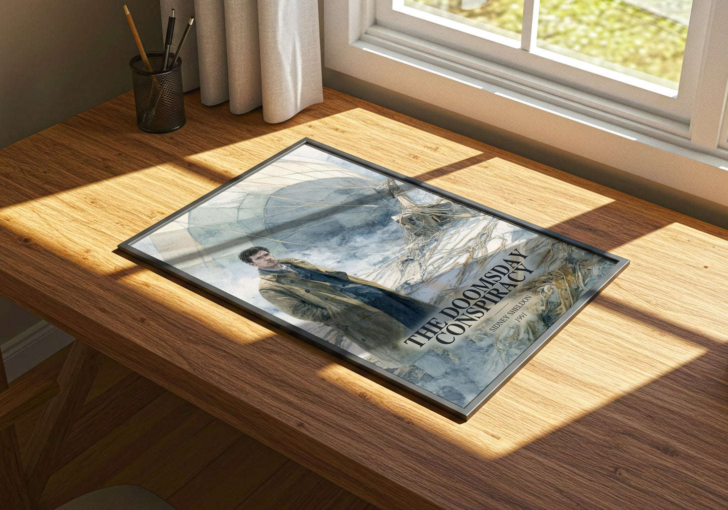 The Doomsday Conspiracy watercolour book poster framed on wall – thriller wall art